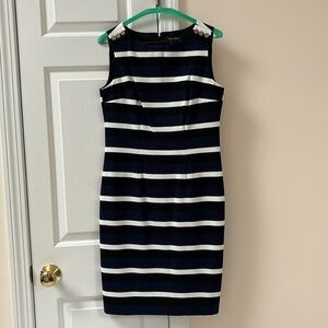 Adorable black, white, blue striped shift dress. White House Black Market